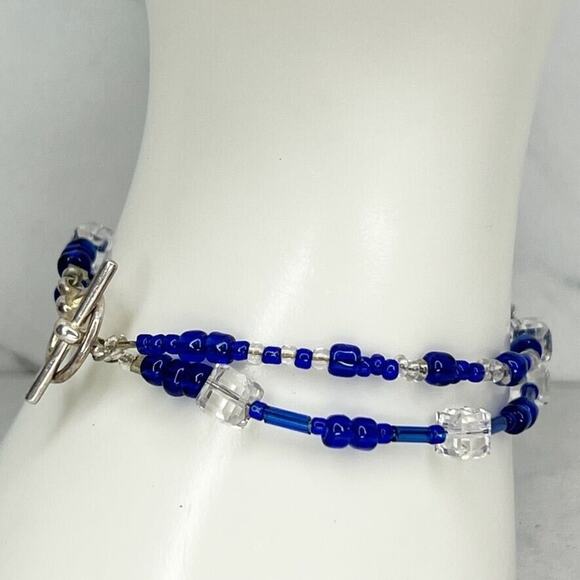 Blue and Clear Beaded Double Strand Silver Tone Toggle Bracelet - Picture 1 of 6